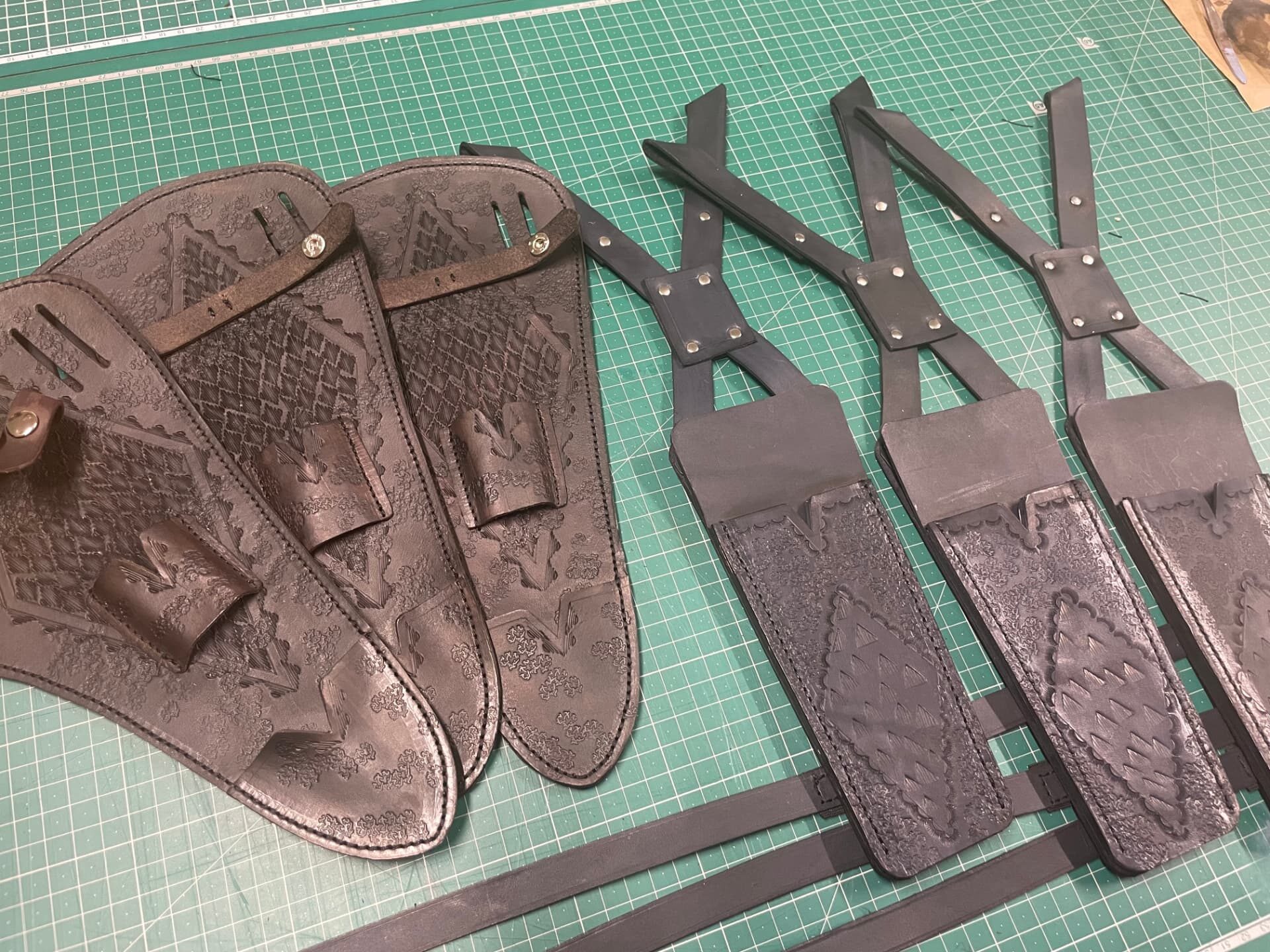 Mortal Kombat 2 leather harnesses in production at the bench
