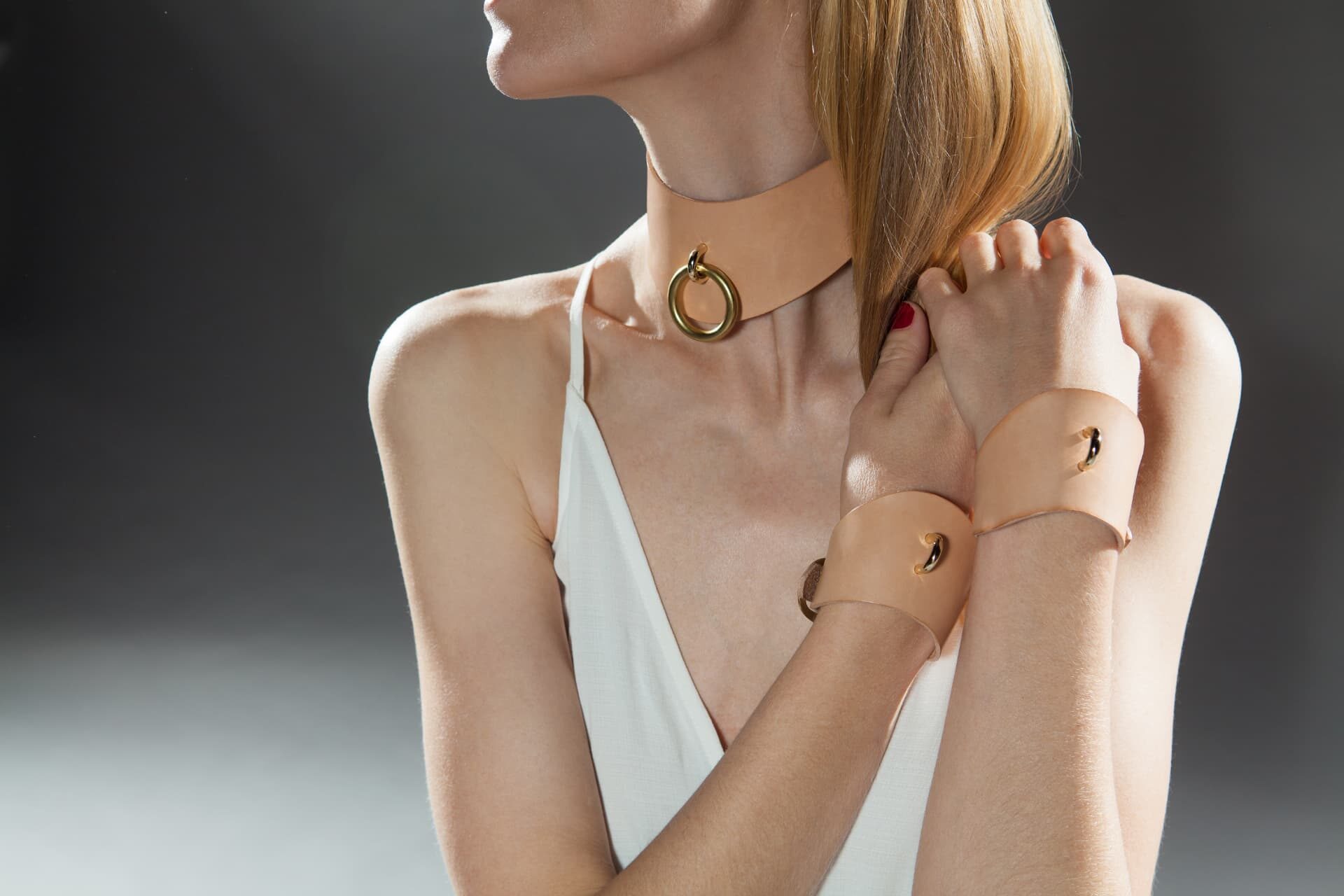 Curved collar and cuffs, Natural leather and solid brass hardware