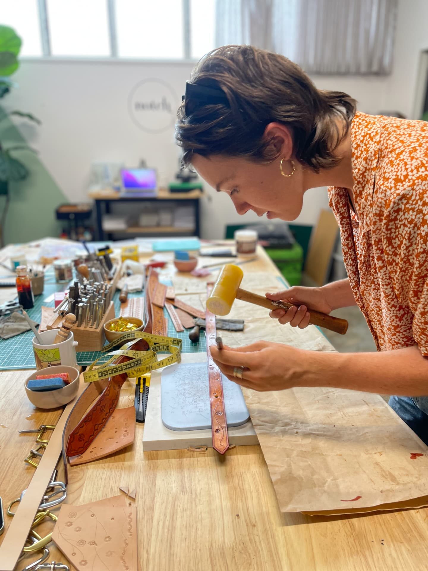 Making a leather clutch bag at a friends workshop